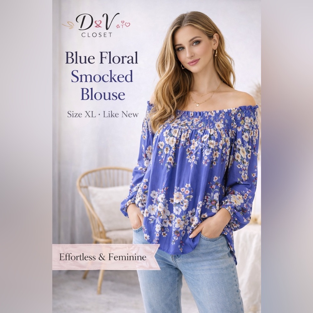 White House Black Market Blue Floral Smocked Blouse XL Boho Peasant Top